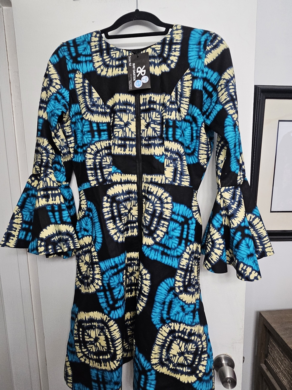NWT Ray Darten Bold Blue & Cream Geometric African Print Dress - Front Zip
